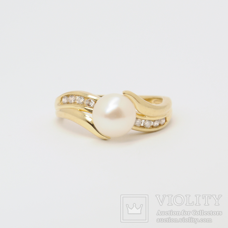 Золотое кольцо с жемчугом на бриллиантовой волне, фото №2
