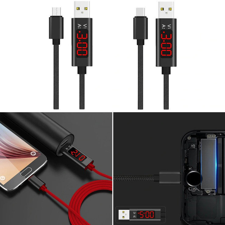 Кабель USB-micro USB с тестером тока и напряжения (красный индикатор), фото №4