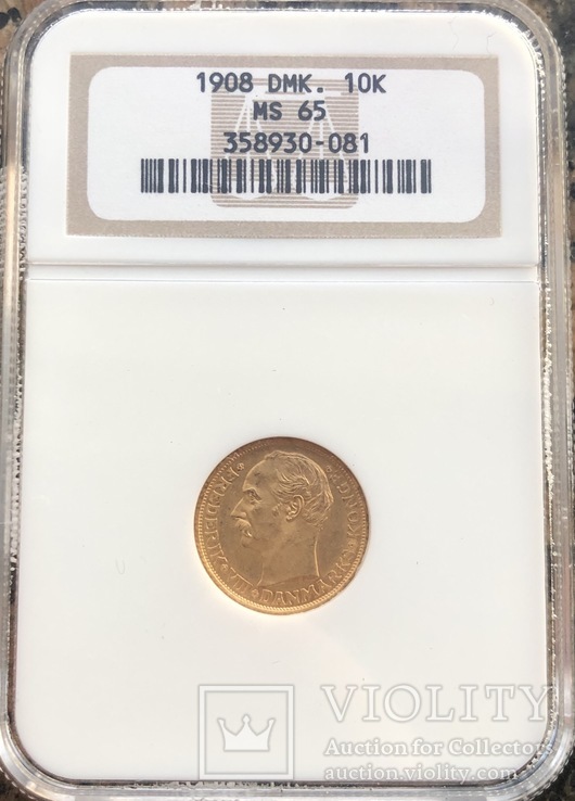 10 крон 1908 год МS-65 Дания золото 4,48 грамм 900’