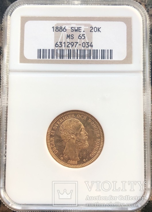 20 крон 1886 год MS-65 Швеция золото 8,97 грамм 900’