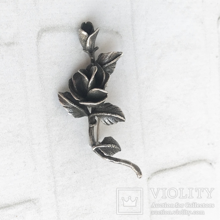 Старая серебряная брошь «Роза»,клеймо,Польша,Краков. 4,77 грамм, фото №2