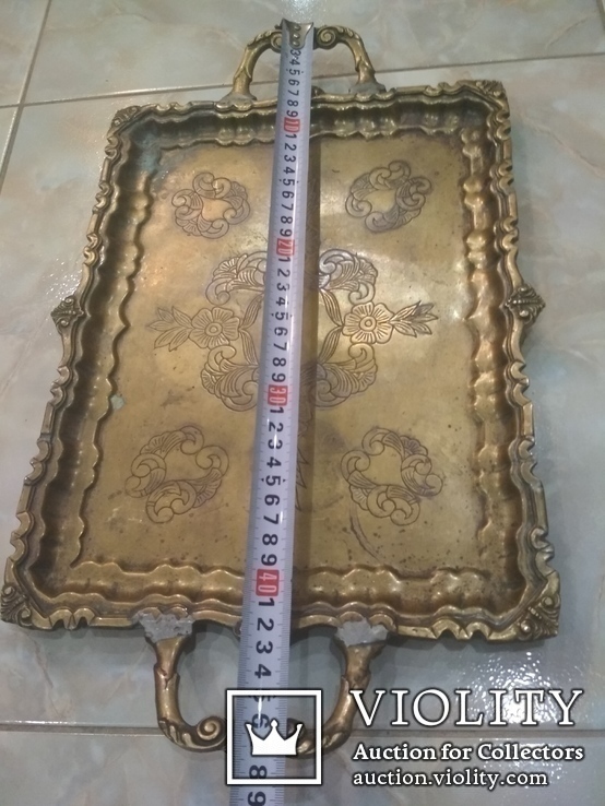 Поднос латунь бронза штихельный узор 47,5 на 29 см, фото №7