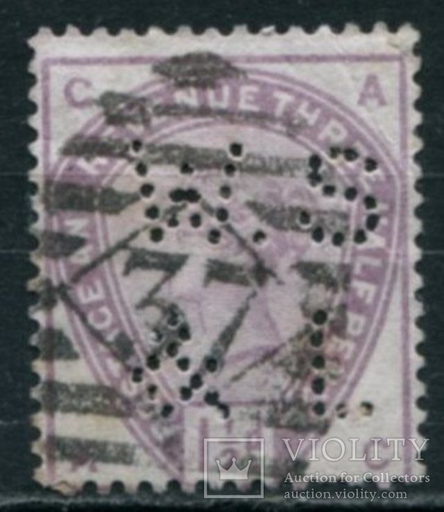 1883 Великобритания королева Виктория 1,1/2р перфин, фото №2