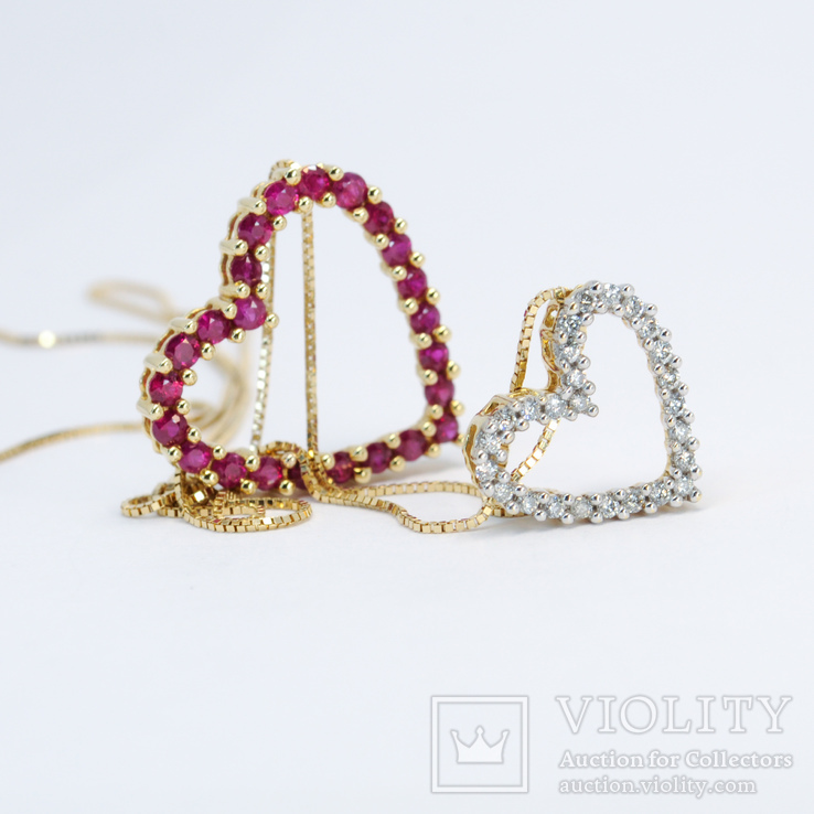 Золотая подвеска "Два сердца" с натуральными рубинами и бриллиантами, фото №4