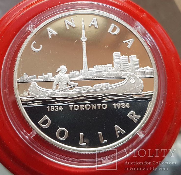 Канада 1 доллар 1989 г. Серебро. 150-летие Торонто. Каноэ. Елизавета II., фото №2
