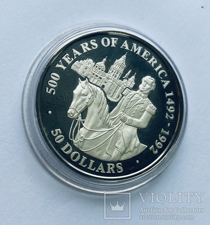 50 Долларов, серебро, 1 унция, 500 летие открытия Америки 1492-1992,, фото №2