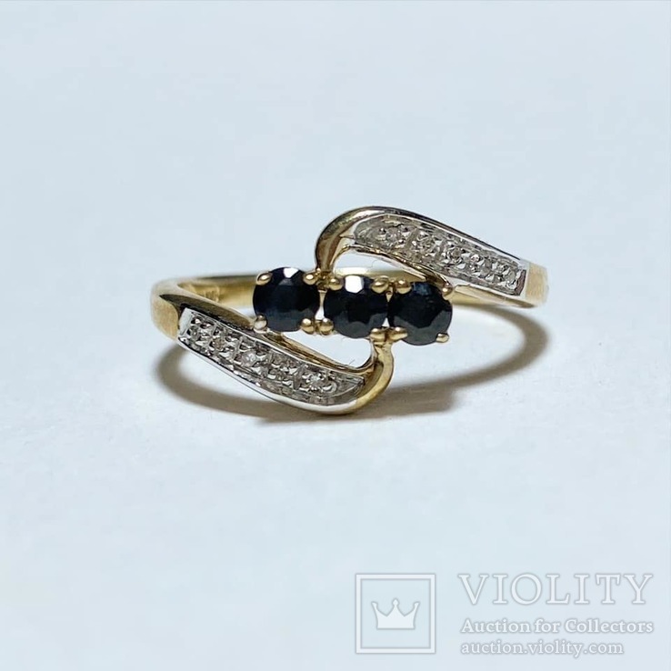 Золотое кольцо с 3-мя сапфирами и бриллиантами, фото №3