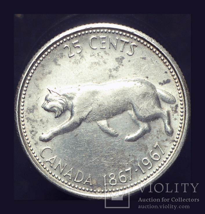 Канада 25 центов 1967 Рысь серебро aUnc, фото №2
