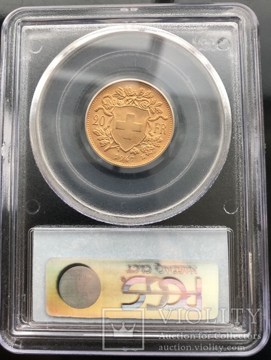20 франков 1947 год МS-64  Швейцария золото 6,45 грамм 900’, фото №3