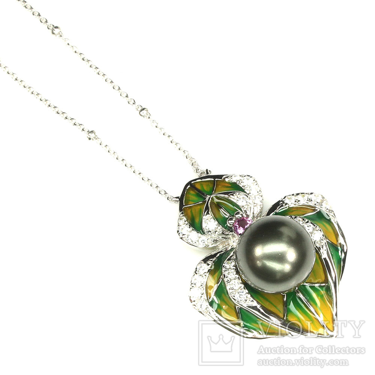 Ожерелье с таитянской жемчужиной и эмалью, фото №4
