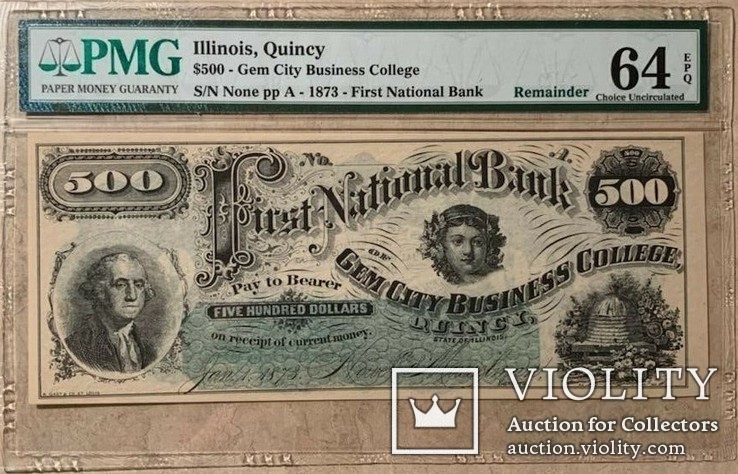 500 - Квінсі, Іллінойс, Перший Hаціональний Банк , 1873 рік, Unc.
