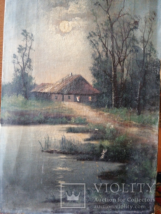 Старинная картина 26.8х53см"Украинская ночь"., фото №3