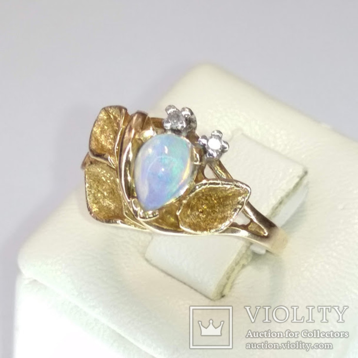 Винтажное золотое кольцо с натуральным опалом и бриллиантами, фото №8