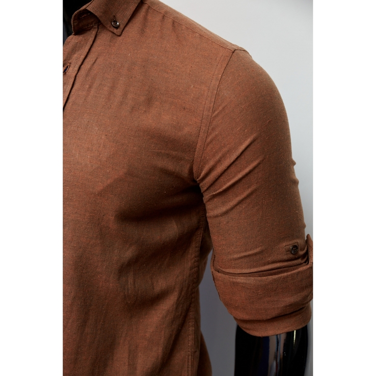 Рубашка мужская льняная Figo 15276-3 с регулировкой рукава коричневая, photo number 3