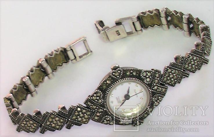 Часы Серебро 925 проба рабочие Япония кварц с камнями марказитами, фото №4