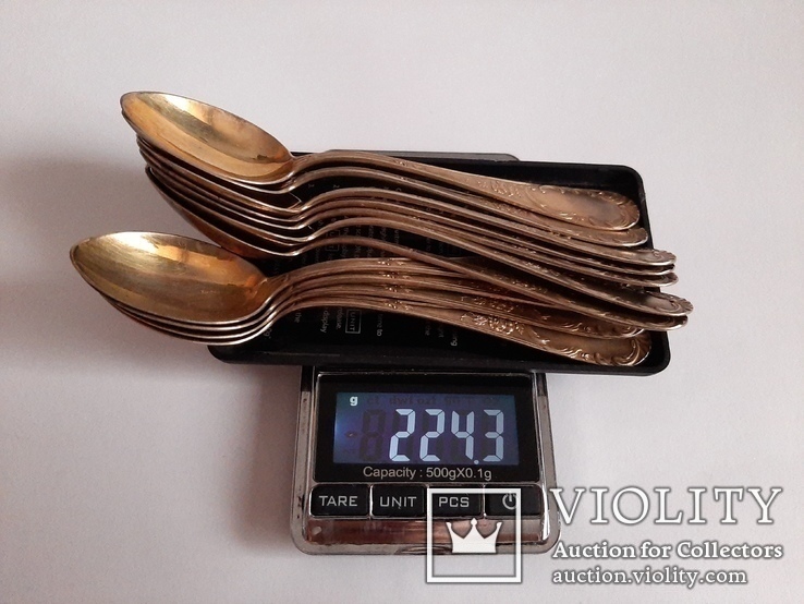 Серебряные Чайные ложечки ( серебро 800 , позолота , вес 224 гр. ), фото №6