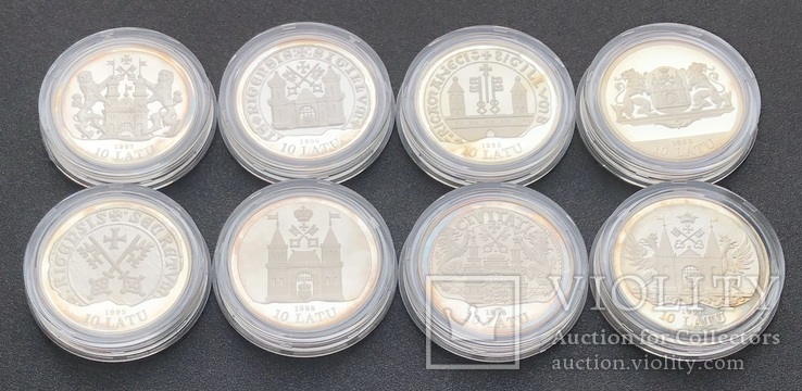 Набор серебряных монет 10 лат 1995-1998 годов. 800 лет Риге. Латвия. 8 монет по 31,1 грамм, фото №9