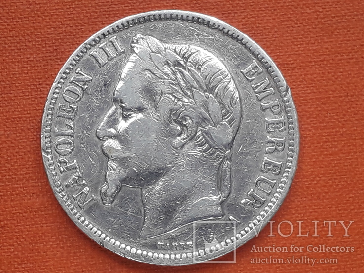 5 франков, Франция, 1867 год, А, серебро 900-й пробы, 25 грамм, фото №3