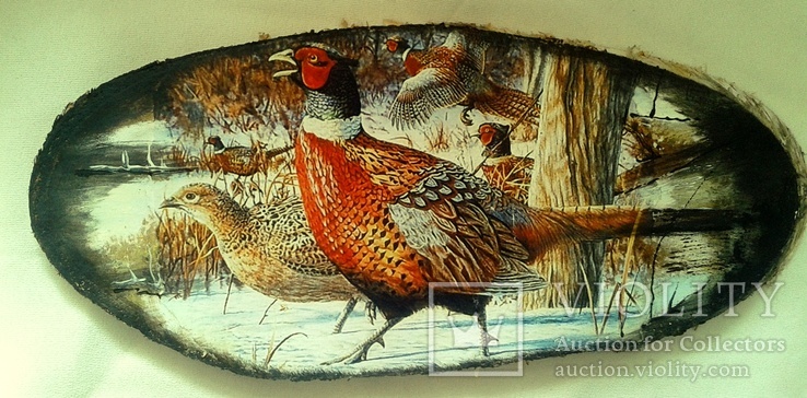 Картина на срезе дерева   "Парочка фазанов"