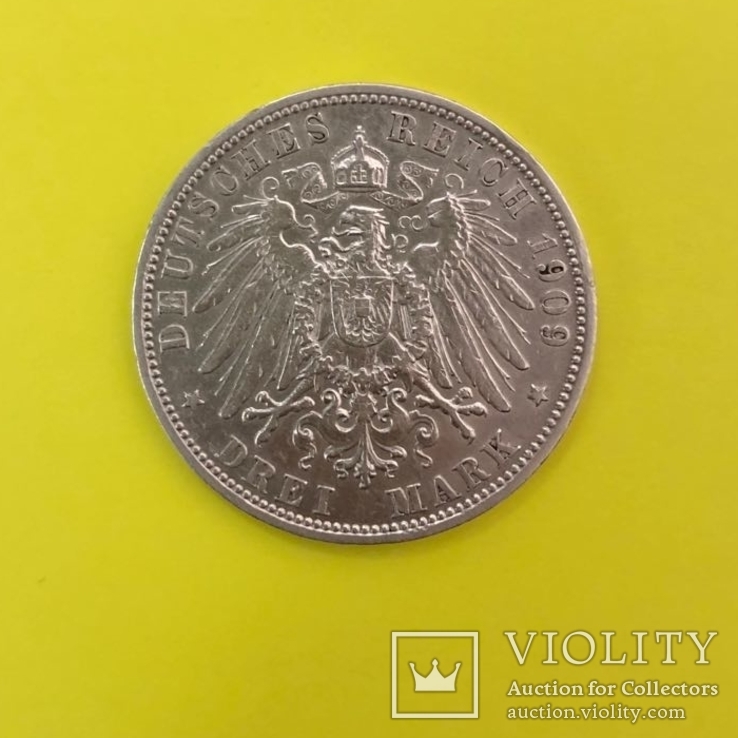 Німецька імперія 3 марки, 1909р. Срібло., фото №3