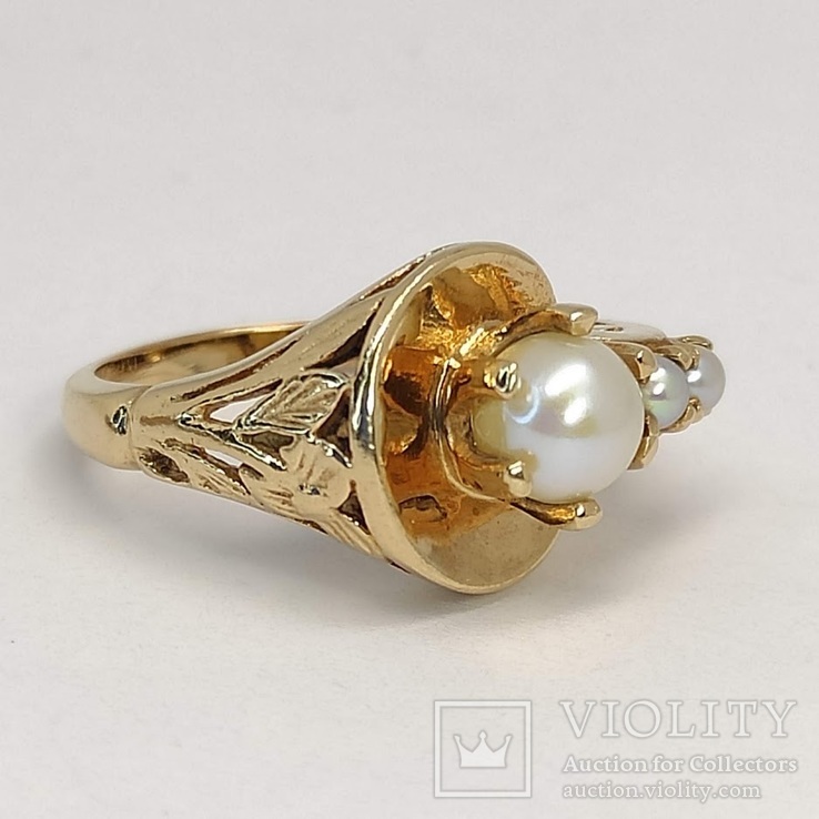 Винтажное золотое (10к) кольцо с тремя жемчужинами, фото №3