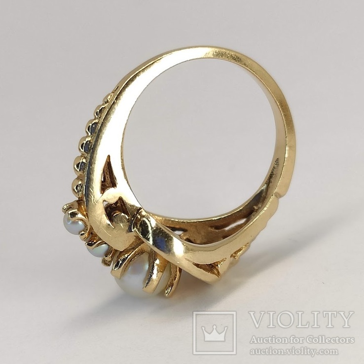 Винтажное золотое (10к) кольцо с тремя жемчужинами, фото №4