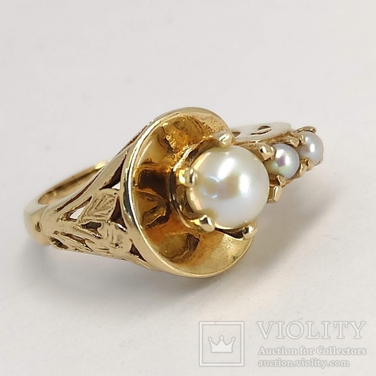 Винтажное золотое (10к) кольцо с тремя жемчужинами, фото №6