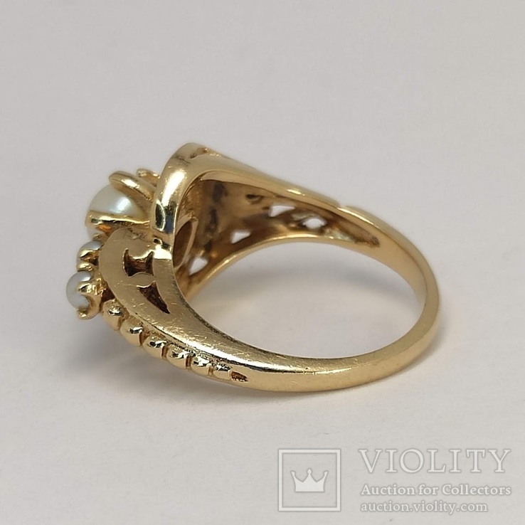 Винтажное золотое (10к) кольцо с тремя жемчужинами, фото №10