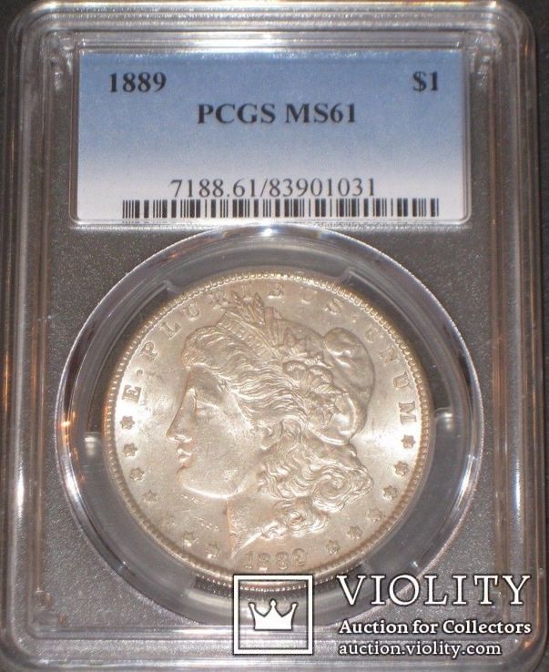 Доллар США 1889 г Морган слаб PCGS MS 61, фото №2