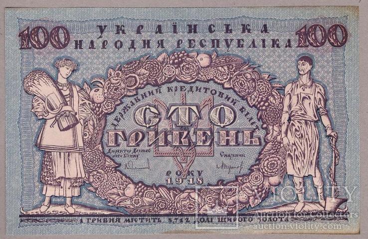 Банкнота Украины УНР 100 гривен 1918 г. VF, фото №2