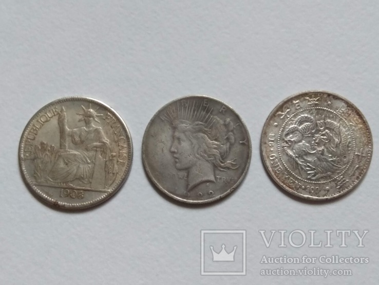 Копии монет. Пиастр Франция 1908, доллар США 1922, йена Япония 1901. 3 шт, фото №2