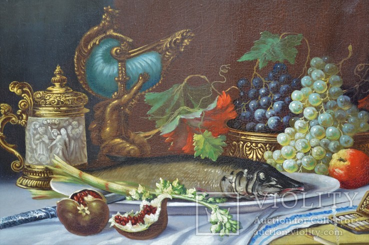 Художник Ruwert. Натюрморт с фруктами и рыбой, фото №6