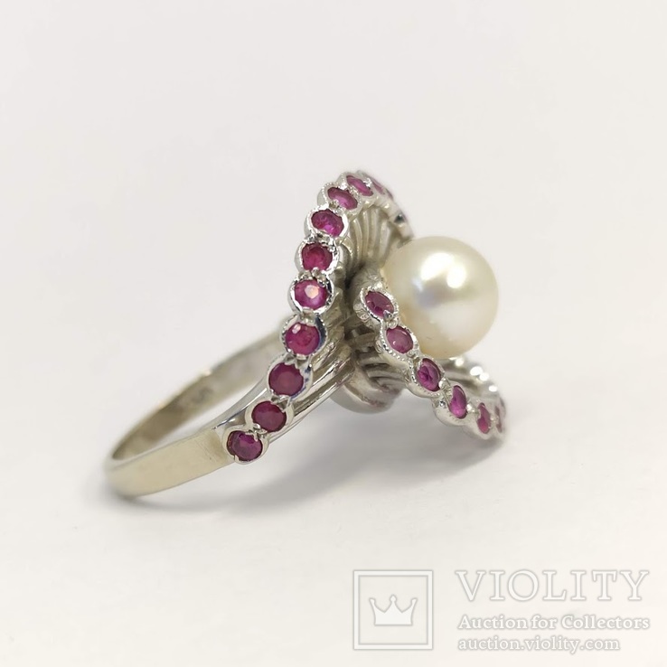 Винтажное золотое кольцо с жемчугом и рубинами, фото №7