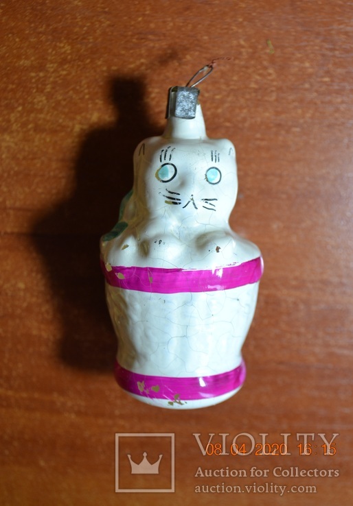 Старая стеклянная новогодняя игрушка на ёлку Кошка в корзинке. Из СССР. Высота 8 см., photo number 2