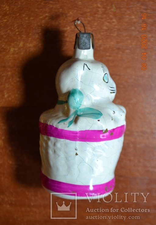 Старая стеклянная новогодняя игрушка на ёлку Кошка в корзинке. Из СССР. Высота 8 см., фото №4