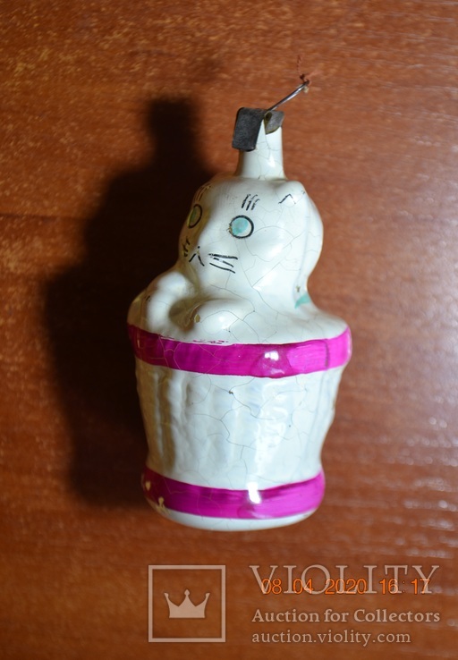 Старая стеклянная новогодняя игрушка на ёлку Кошка в корзинке. Из СССР. Высота 8 см., фото №6
