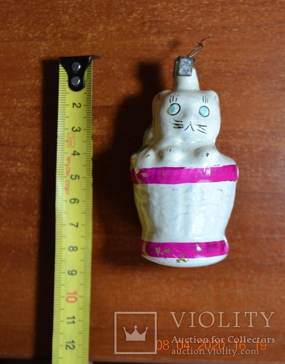 Старая стеклянная новогодняя игрушка на ёлку Кошка в корзинке. Из СССР. Высота 8 см., photo number 13