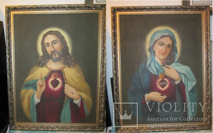 Пара народных икон. Святейшее сердце Иисуса Христа и Непорочное Сердце Девы Марии. 80х60, фото №2