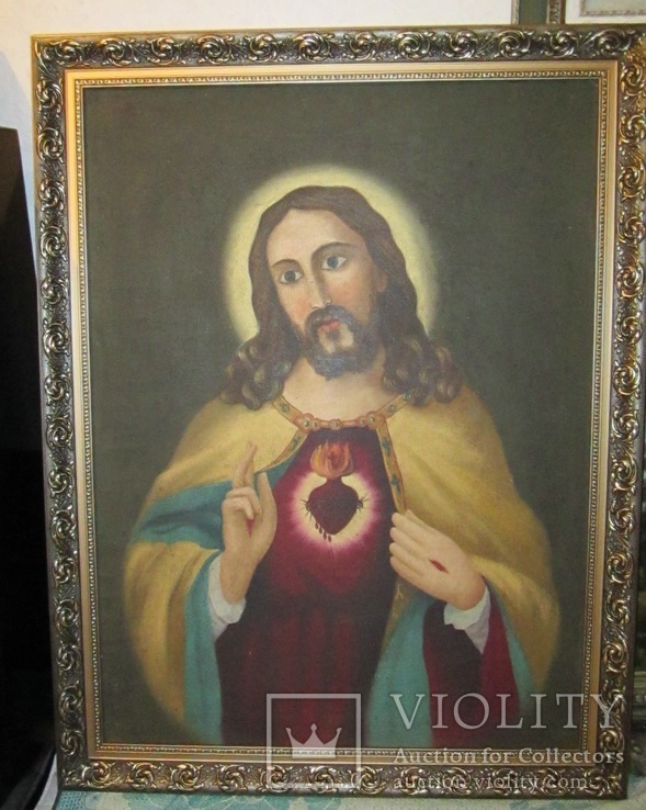Пара народных икон. Святейшее сердце Иисуса Христа и Непорочное Сердце Девы Марии. 80х60, фото №3