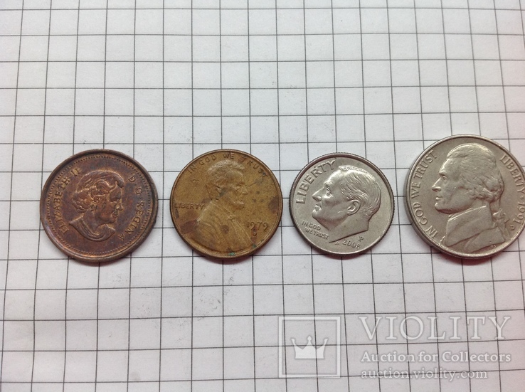 Монеты 10 центов (Дайм) 2008г, 1 цент 1979г, 5 центов 1991г США, 1 цент Канада 2006, фото №3