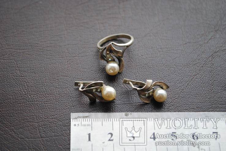 Срібний гарнітур зі штучними перлами 3 предмети, фото №3