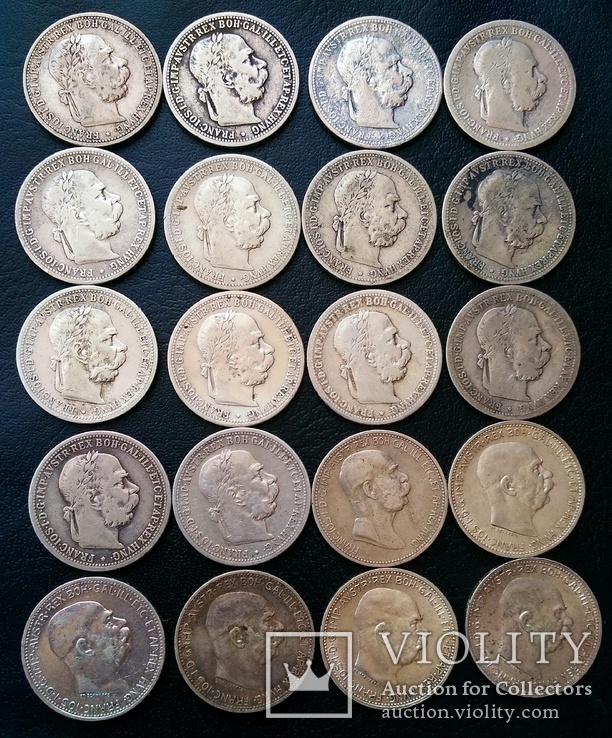 Комплект 1 крони по роках. Австрійський і угорський типи. 30 монет без повторів, фото №7