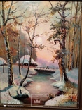 Большая старая картина в раме Зимний пейзаж, фото №7