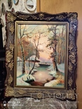 Большая старая картина в раме Зимний пейзаж, фото №9
