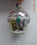 Старая стеклянная новогодняя игрушка на ёлку " Корзина, Корзинка ". Из СССР. 6,5 см. Битая, фото №5