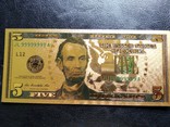 Золотая сувенирная банкнота США (5 Dollars 2009), фото №2