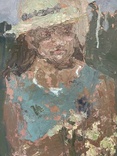 Картина. Женщина с букетом цветов. Масло, ДВП. Размер 35,5*24,8 см, фото №3