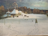 Картина. Пейзаж. Зима, сани, село. Печать на холсте. СССР. Размер 61*45 см, фото №2