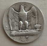 Монета Италии 5 лир, серебро,1929 год *, вес 4,91 гр. Хорошее состояние, фото №3