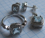 Комплект серебряный с натуральным голубым топазом и кубическим цирконием, дизайн Pandora, фото №3